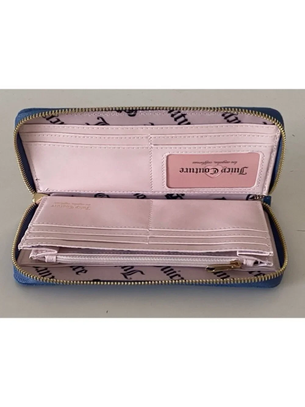 Juicy Couture Too Cute Large Zip Around Wristlet Wallet Medium Washed Denim NEW